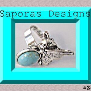 Tibetan Silver & Turquoise Size 8 Butterfly Design Ring Native Ethnic Tribal